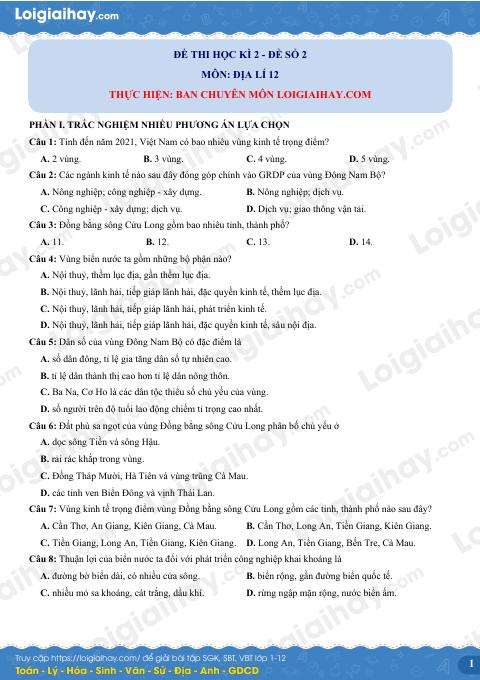 Đề thi học kì 2 Địa lí 12 - Đề số 2